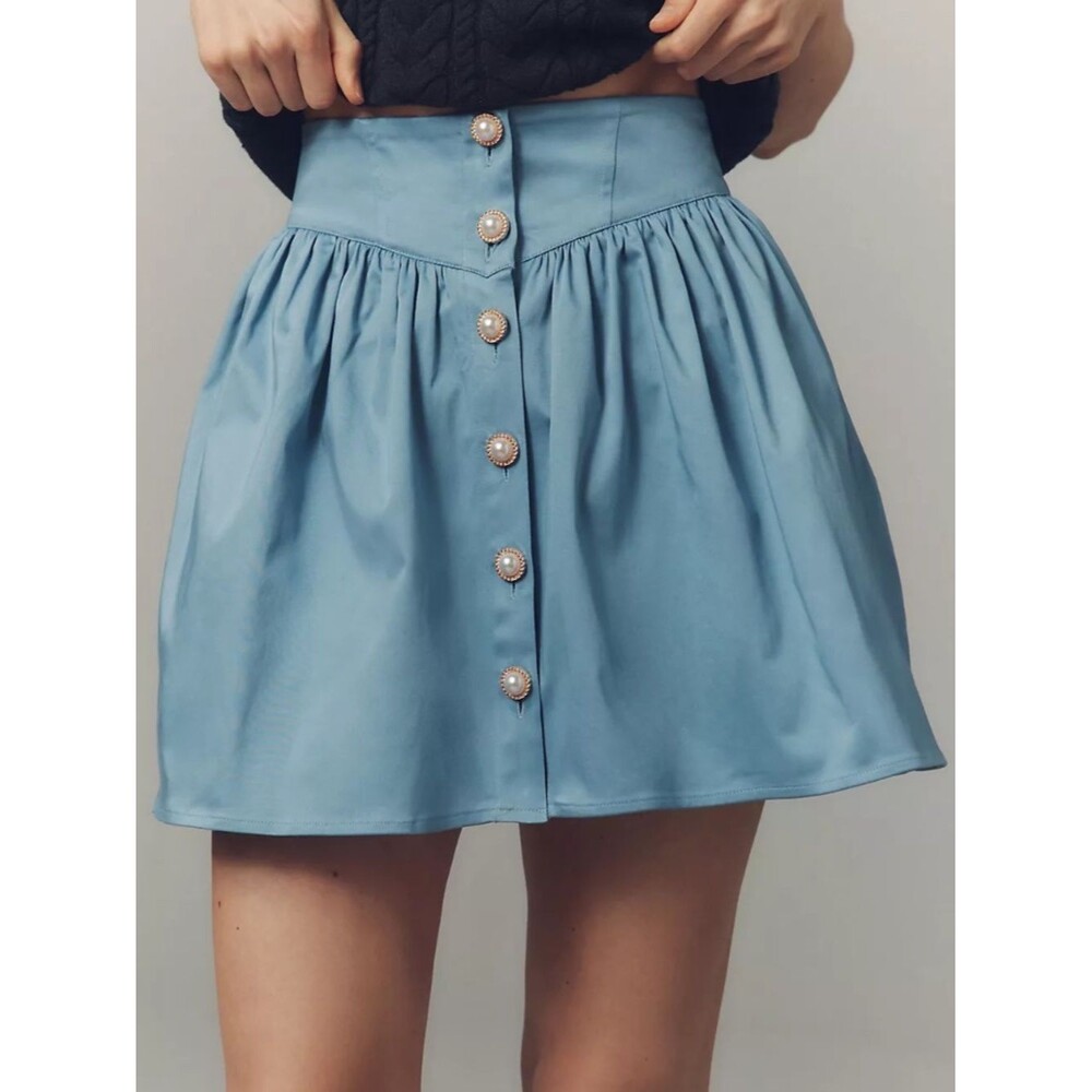 NWT! Maeve Anthropologie Basque-Waist Button Down Mini Skirt - Blue | Size S